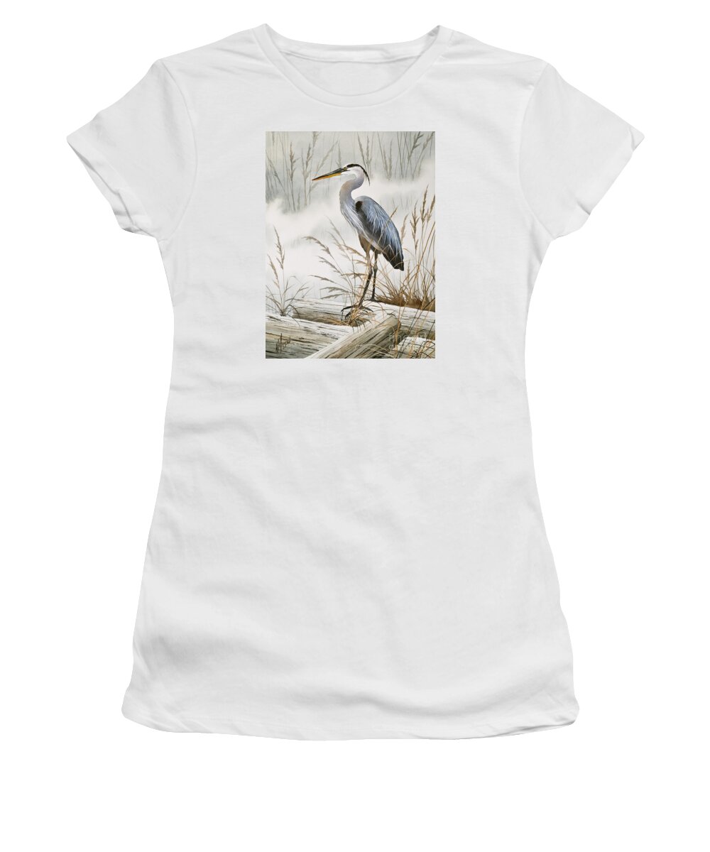 Heron Painting Women's T-Shirt featuring the painting Herons Misty Shore by James Williamson