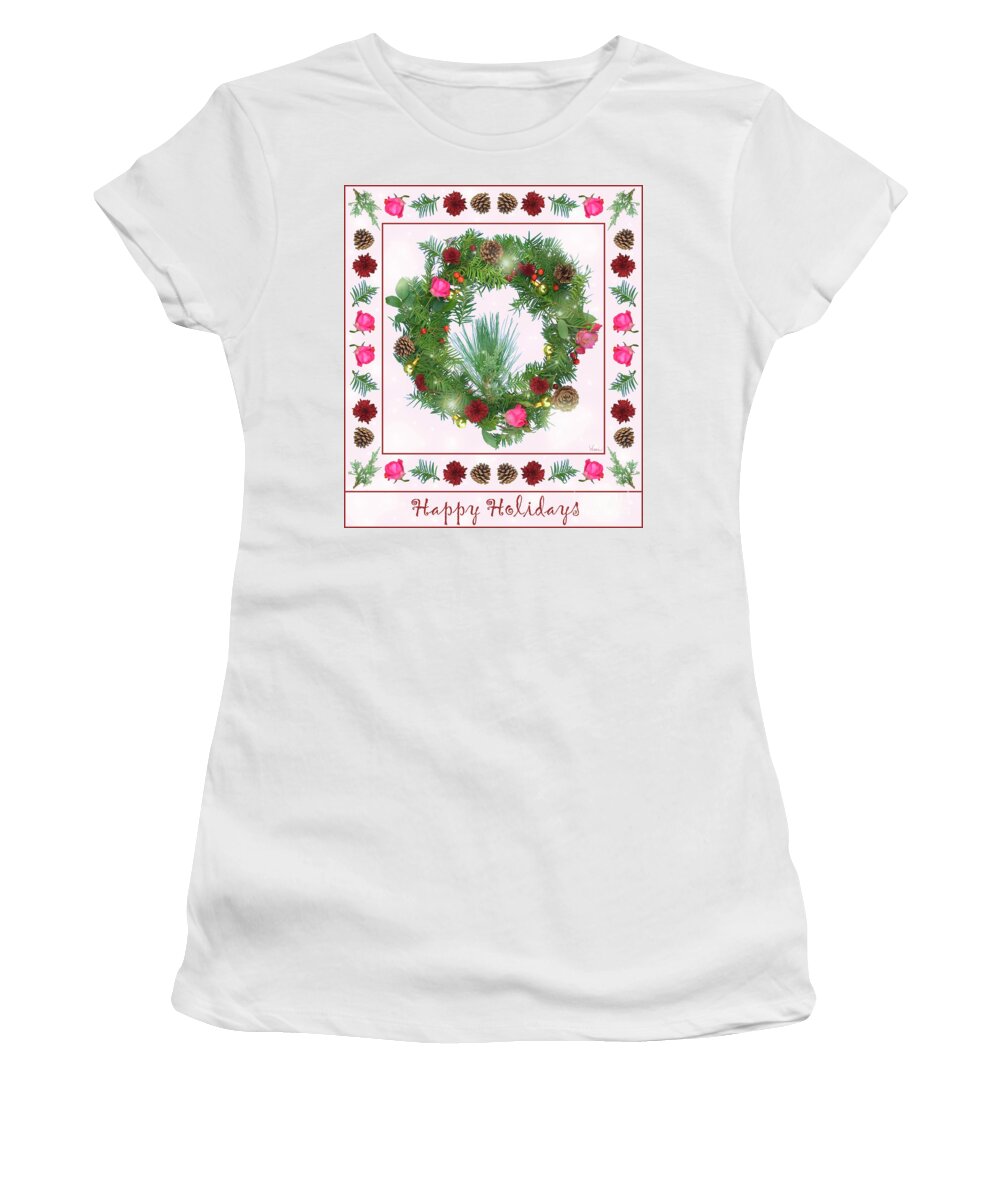Lise Winne Women's T-Shirt featuring the digital art Holiday Wreath with Roses and Carnations by Lise Winne
