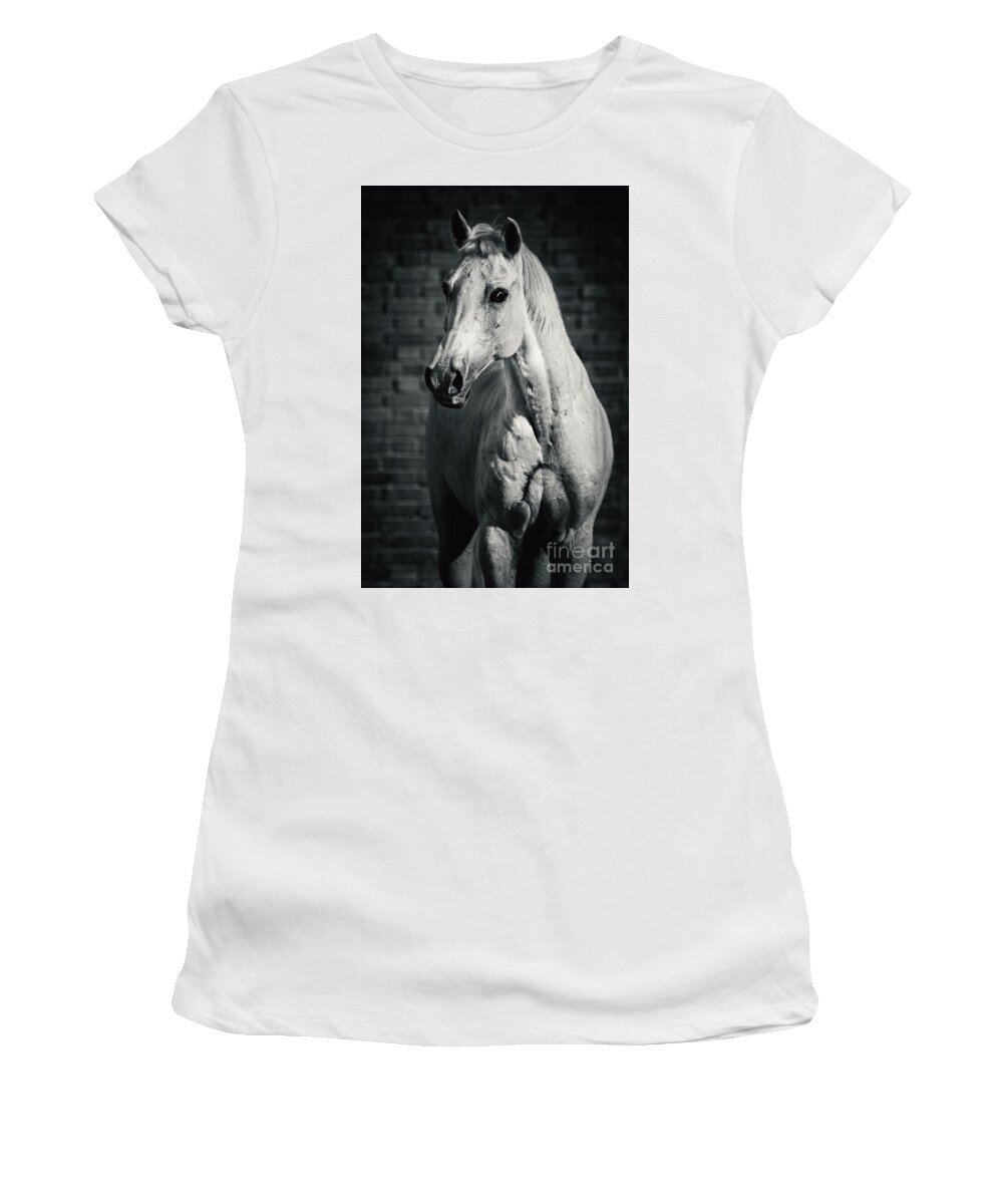 Horse Women's T-Shirt featuring the photograph Horse portrait on the brick background II by Dimitar Hristov