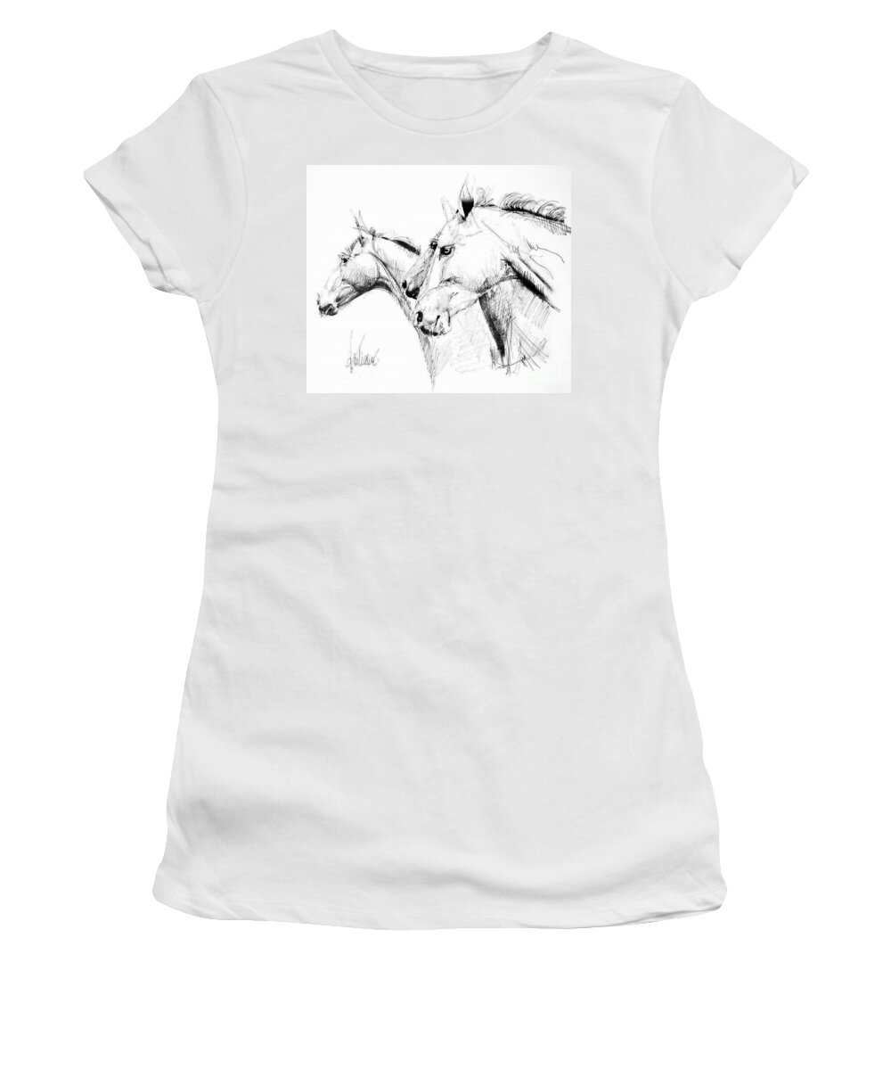 Horses Women's T-Shirt featuring the drawing Horses - ink drawing by Daliana Pacuraru