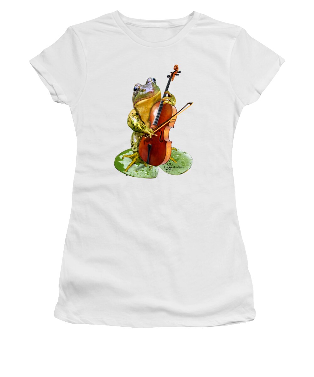 Humorous Scene Frog Playing Cello In Lily Pond Women's T-Shirt featuring the painting Humorous scene frog playing cello in lily pond by Regina Femrite