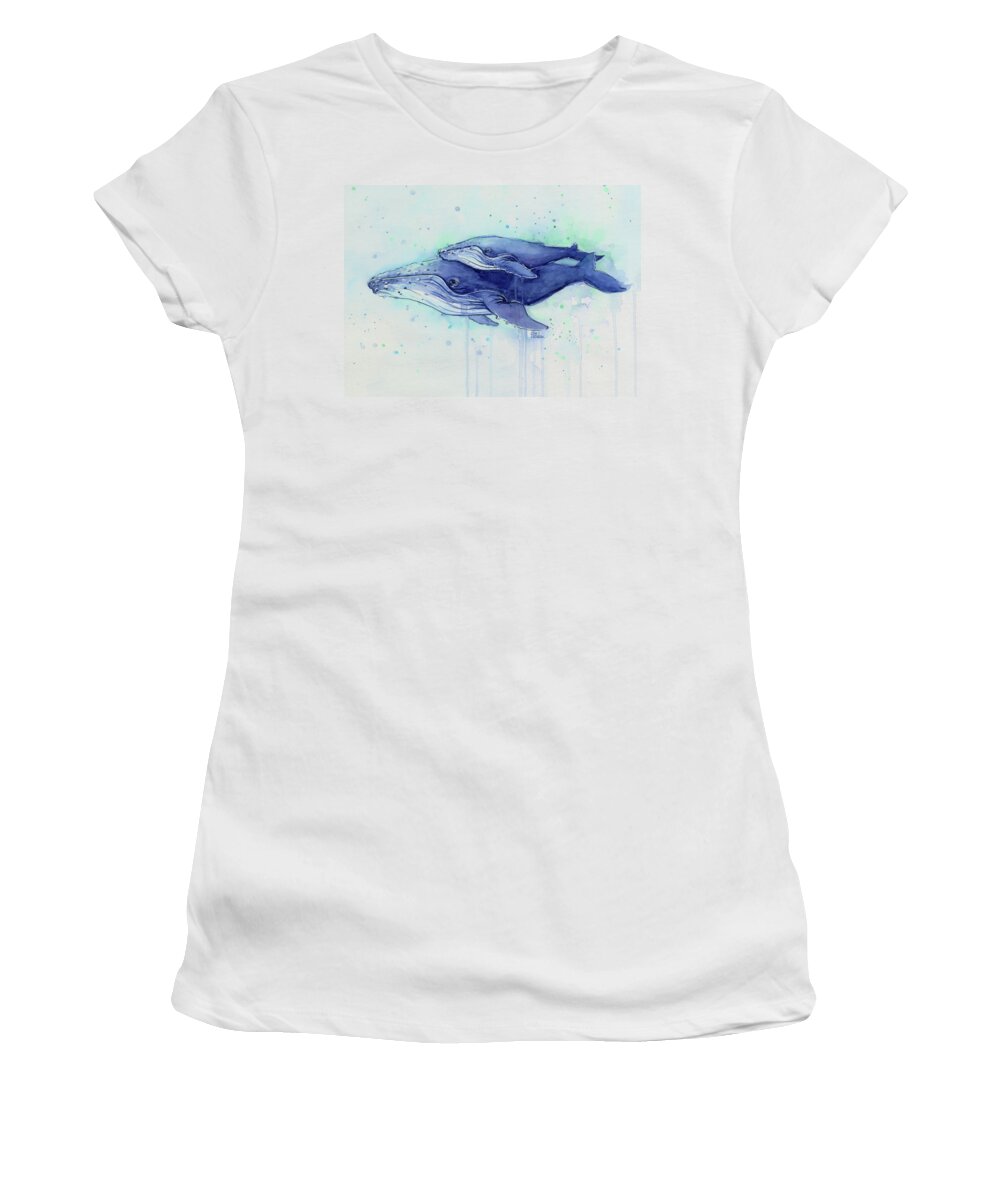 Whale Women's T-Shirt featuring the painting Humpback Whales Painting Watercolor - Grayish Version by Olga Shvartsur