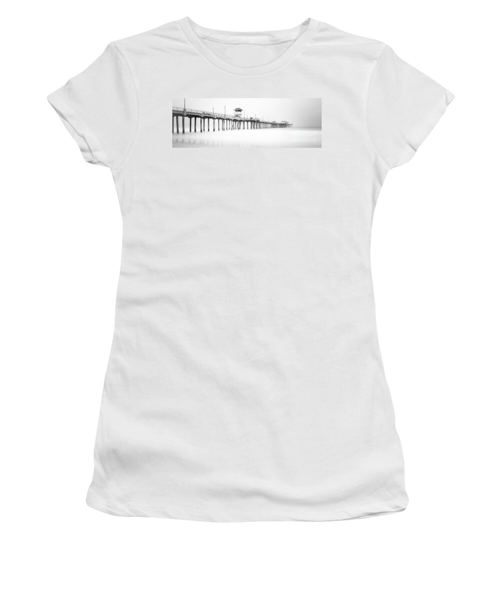 America Women's T-Shirt featuring the photograph Huntington Beach Pier Panorama in Black and White by Paul Velgos