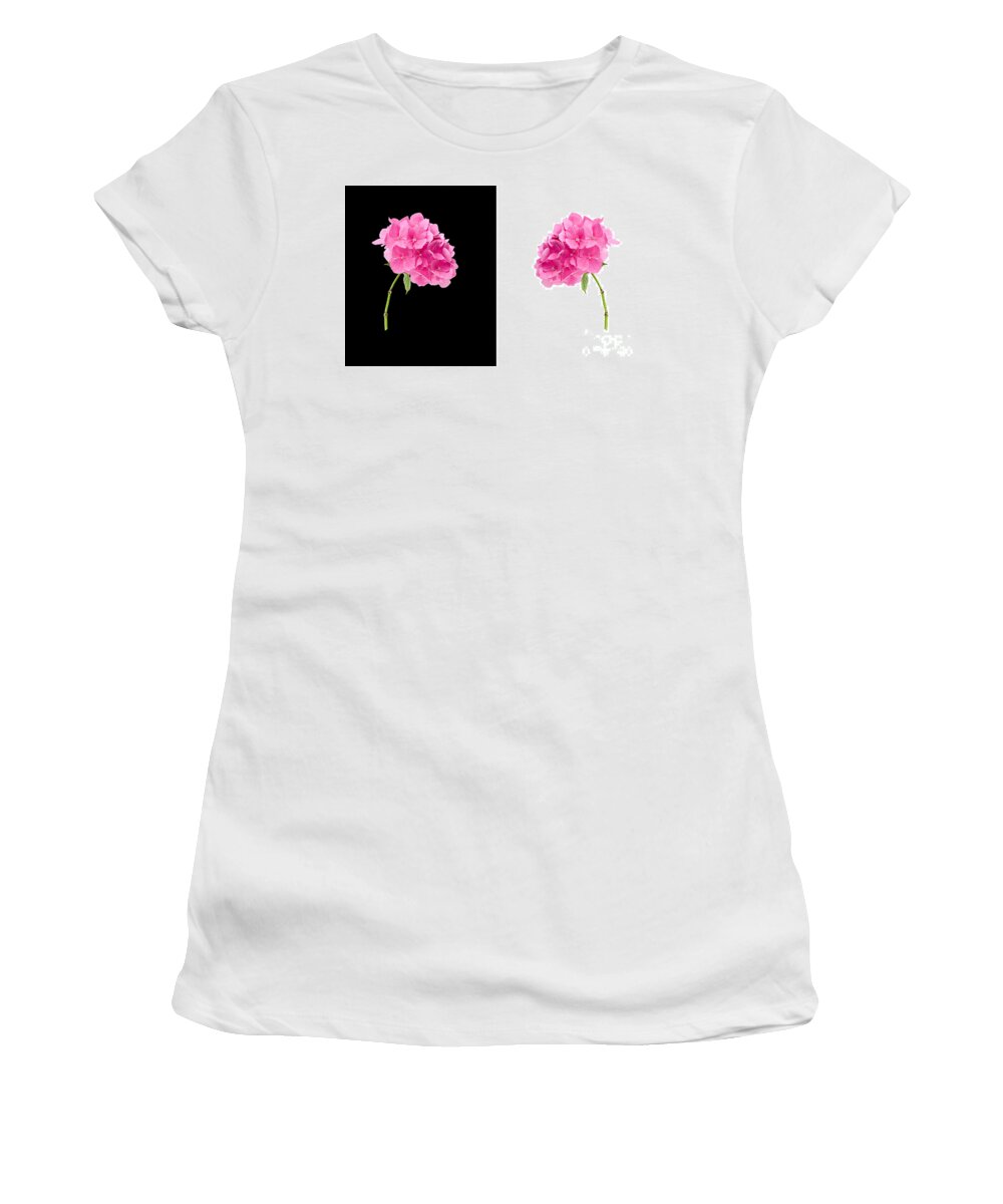 Background Women's T-Shirt featuring the photograph Hydrangeas On Black And White by Meirion Matthias