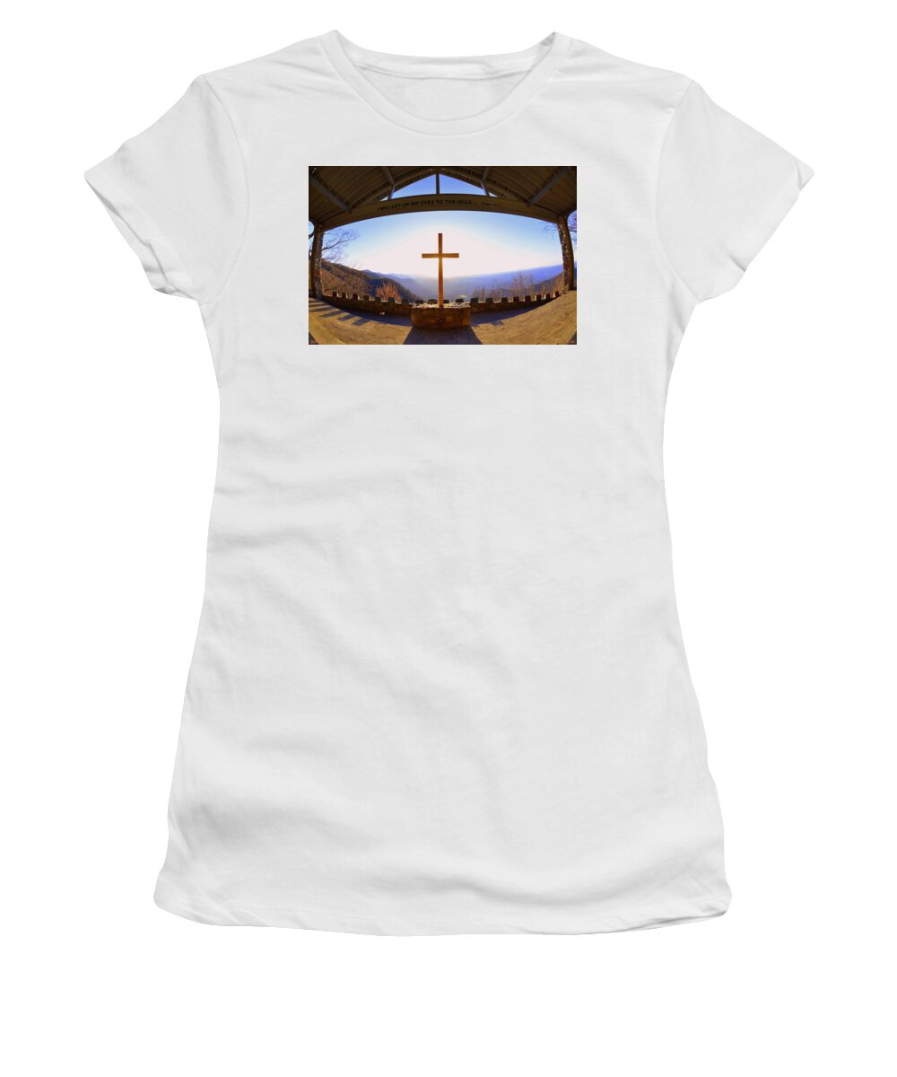 I Will Lift My Eyes To The Hills Psalm 121 1 Women's T-Shirt featuring the photograph I Will Lift My Eyes To The Hills Psalm 121 1 by Lisa Wooten