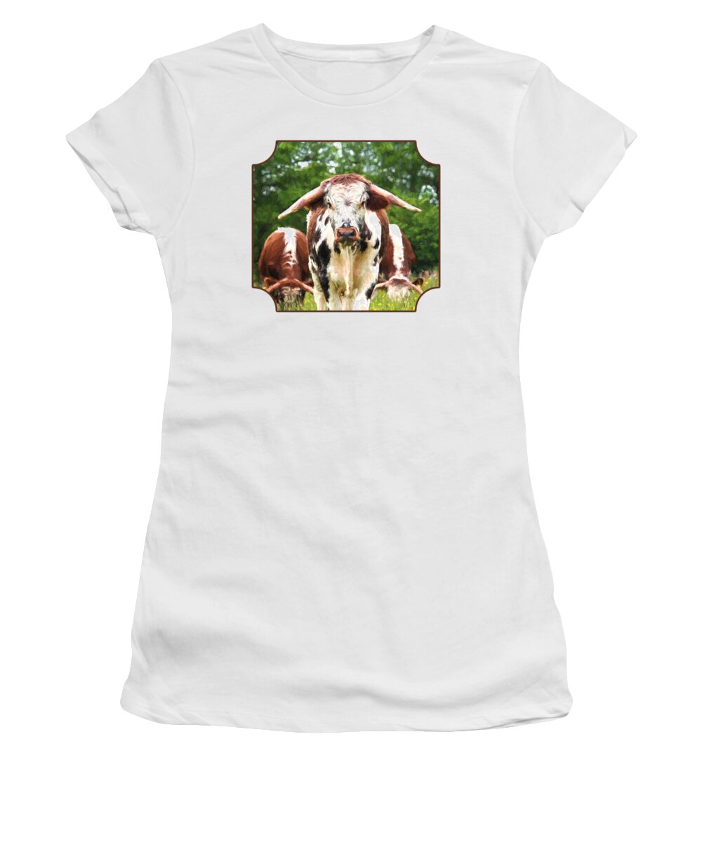 English Longhorn Cow Women's T-Shirt featuring the photograph I'm In Charge Here by Gill Billington