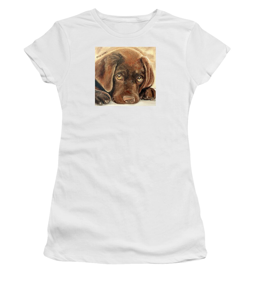 Chocolate Lab Women's T-Shirt featuring the painting I'm Sorry - Chocolate Lab Puppy by Julie Brugh Riffey