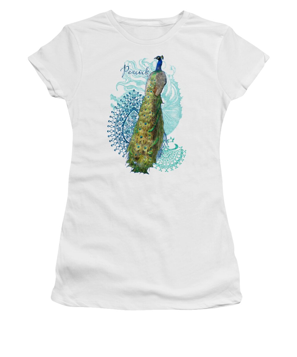 Peacock Women's T-Shirt featuring the mixed media Indian Peacock Henna Design Paisley Swirls by Audrey Jeanne Roberts