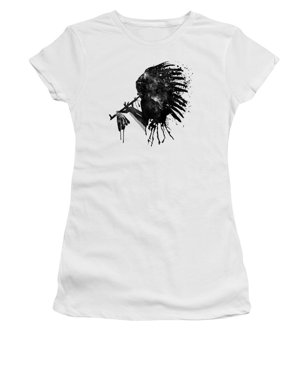 Indian Women's T-Shirt featuring the painting Indian with Headdress Black and White Silhouette by Marian Voicu