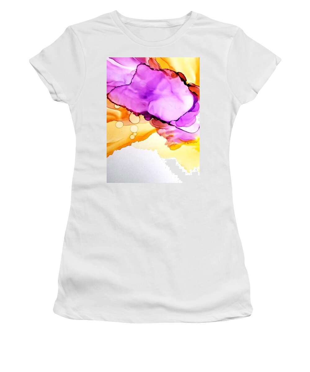 Alcohol Ink Red Yellow Orange Purple Landscape Floral Garden Meadow Serene Sunset Decor Forest Wildflowers Cascade Women's T-Shirt featuring the painting Iris by Kelly Dallas