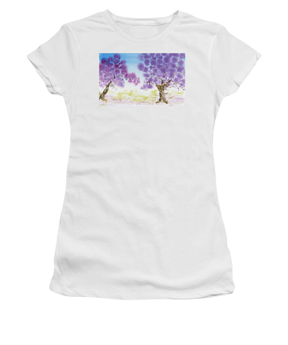 Argentina Women's T-Shirt featuring the painting Jacaranda trees blooming in Buenos Aires, Argentina by Dorothy Darden