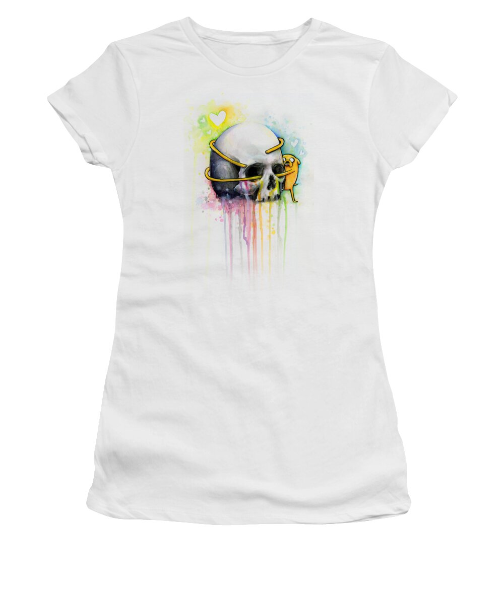 Adventure Time Women's T-Shirt featuring the painting Jake the Dog Hugging Skull Adventure Time Art by Olga Shvartsur