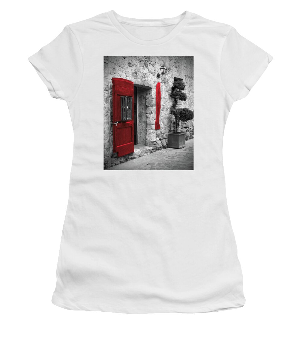 Romantic Street Women's T-Shirt featuring the photograph Jewelry Store with Red Door in Monteregionni, Tuscany, Italy by Lily Malor