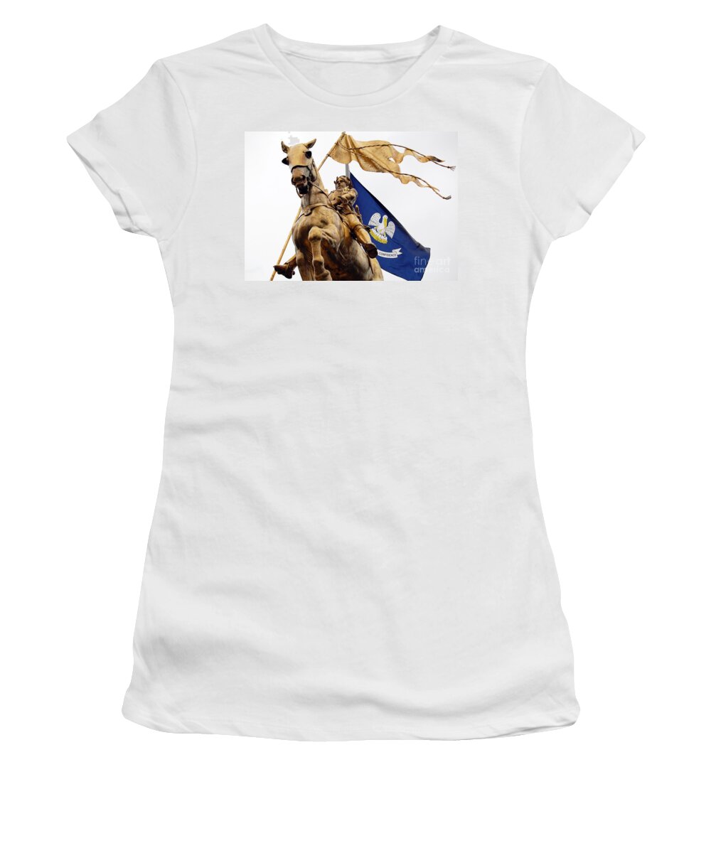 Travelpixpro New Orleans Women's T-Shirt featuring the photograph Joan of Arc Statue French Quarter New Orleans by Shawn O'Brien