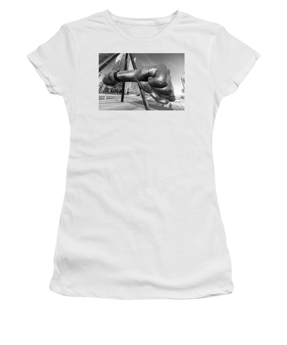 Detroit Women's T-Shirt featuring the photograph Joe Louis Fist Black and White 1 by John McGraw