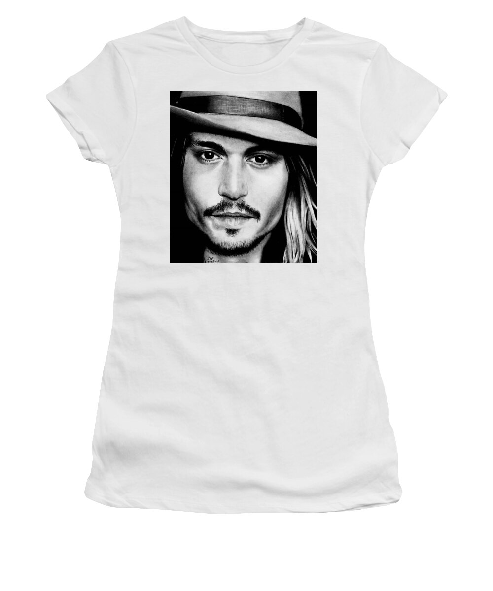 Johnny Depp Women's T-Shirt featuring the drawing Johnny Depp by Rick Fortson