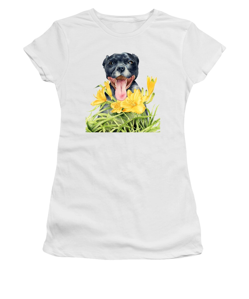 Dog Women's T-Shirt featuring the painting Joy - Pit Bull Dog and Daylily Watercolor Painting by Chiho Watanabe