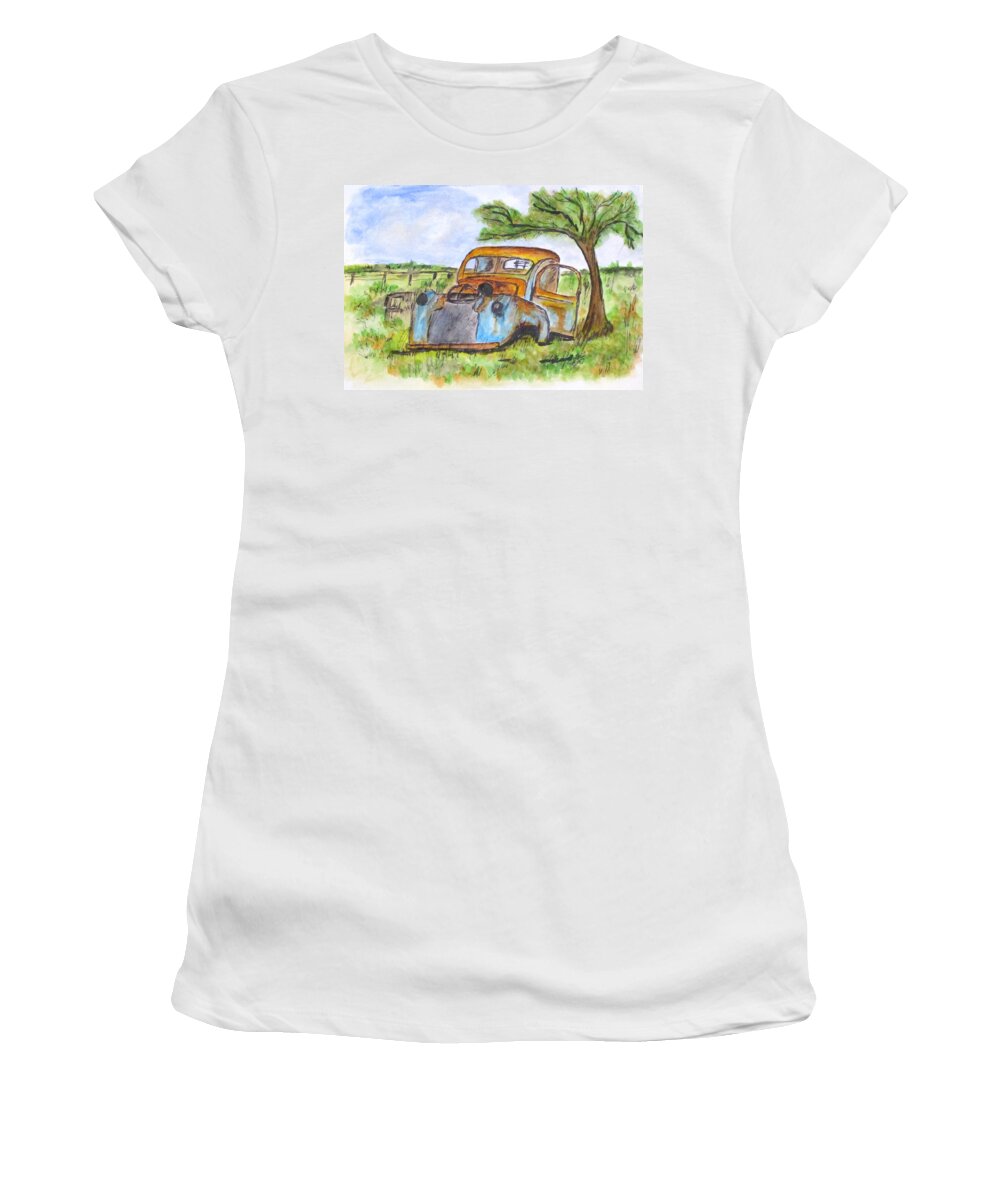 Junk Cars Women's T-Shirt featuring the painting Junk Car And Tree by Clyde J Kell