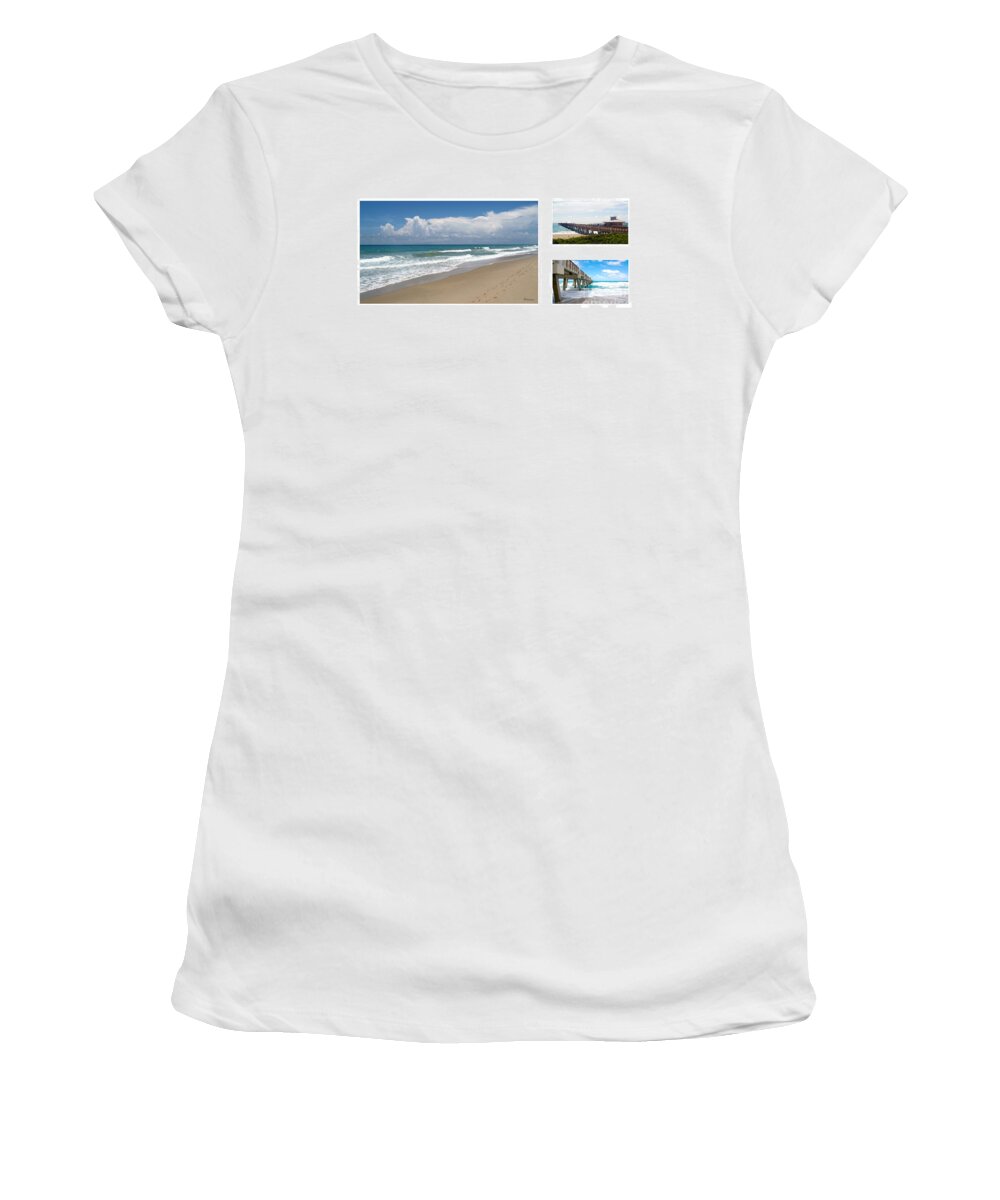 Beach Women's T-Shirt featuring the photograph Juno Beach Pier Florida Seascape Collage 2 by Ricardos Creations