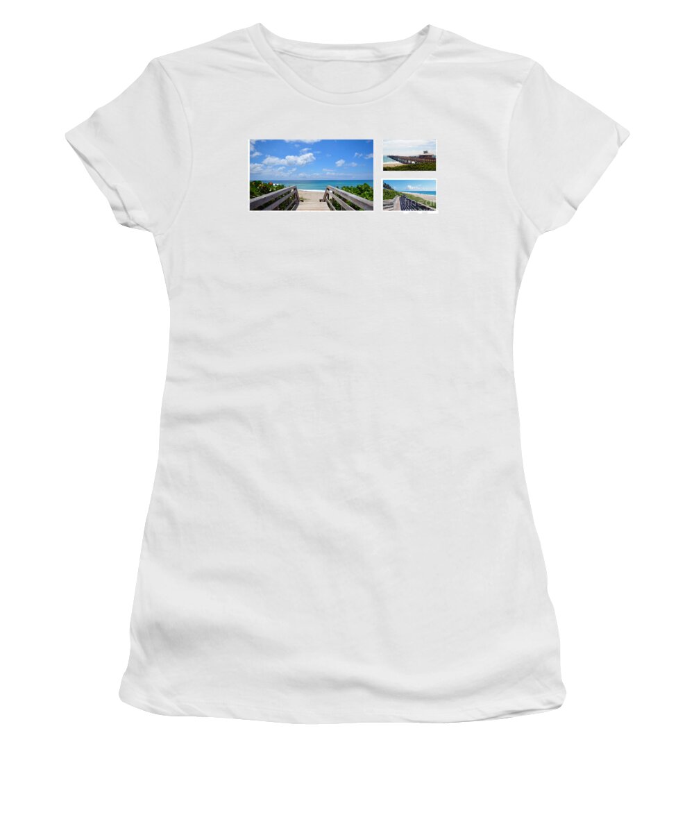 Beach Women's T-Shirt featuring the photograph Juno Beach Pier Florida Seascape Collage 6 by Ricardos Creations