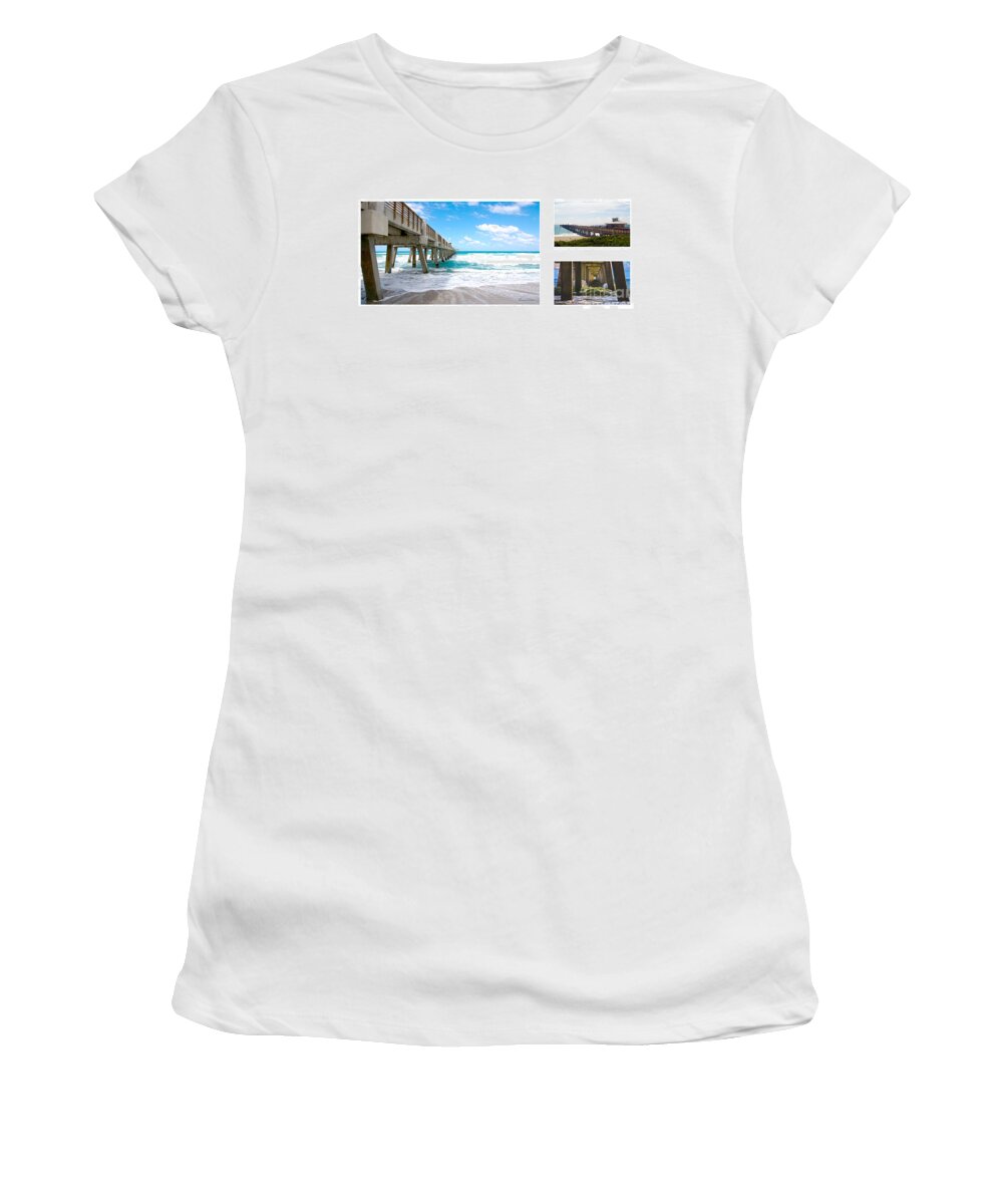 Beach Women's T-Shirt featuring the photograph Juno Beach Pier Florida Seascape Collage 9 by Ricardos Creations