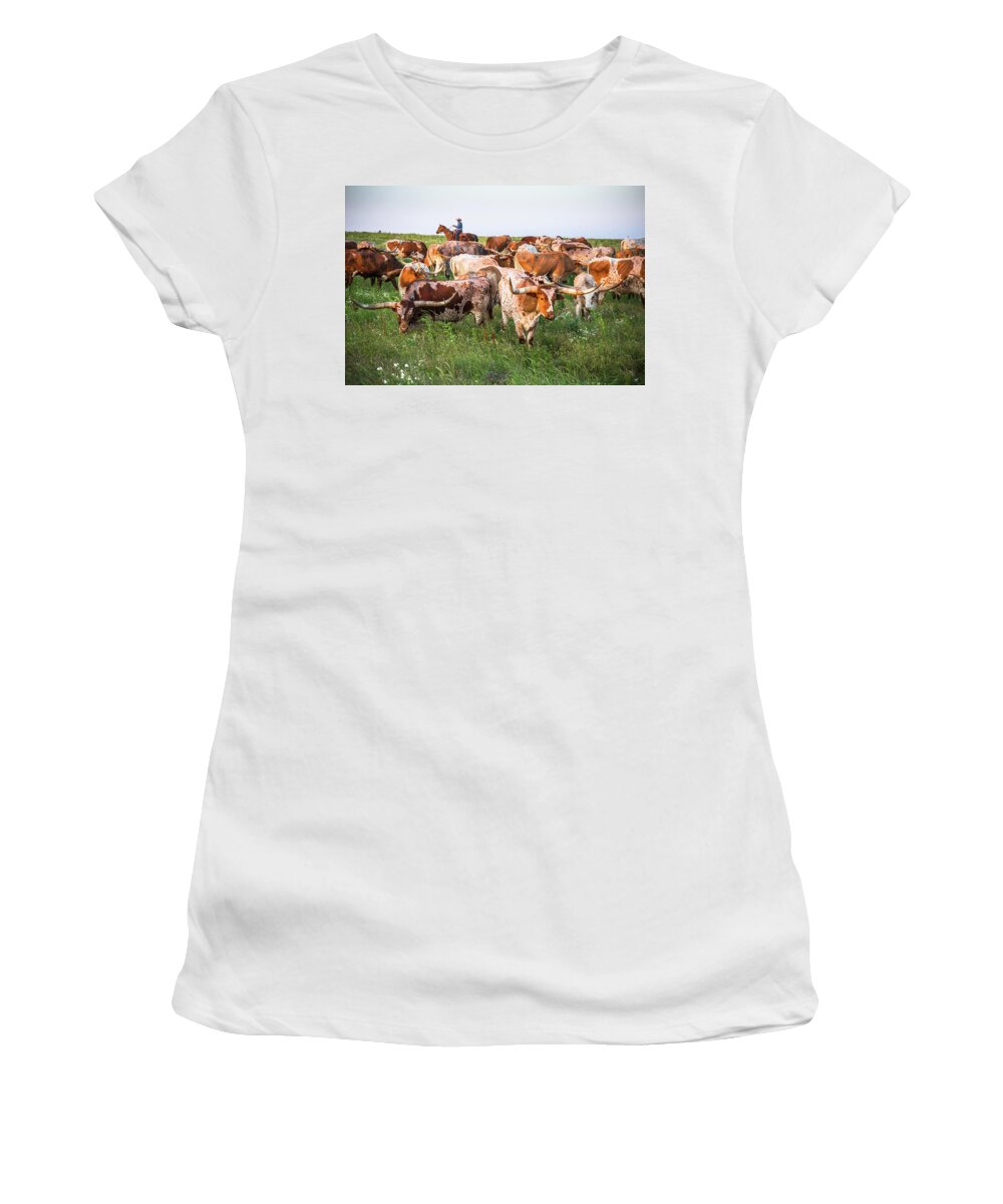 Steven Bateson Women's T-Shirt featuring the photograph Kansas Flint Hills Longhorns by Steven Bateson