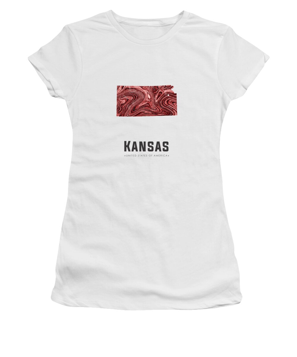Kansas Women's T-Shirt featuring the mixed media Kansas Map Art Abstract in Deep Red by Studio Grafiikka