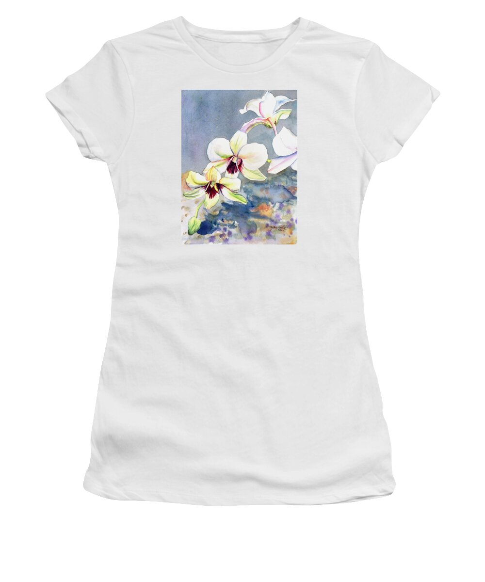Kauai Fine Art Women's T-Shirt featuring the painting Kauai Orchid Festival by Marionette Taboniar