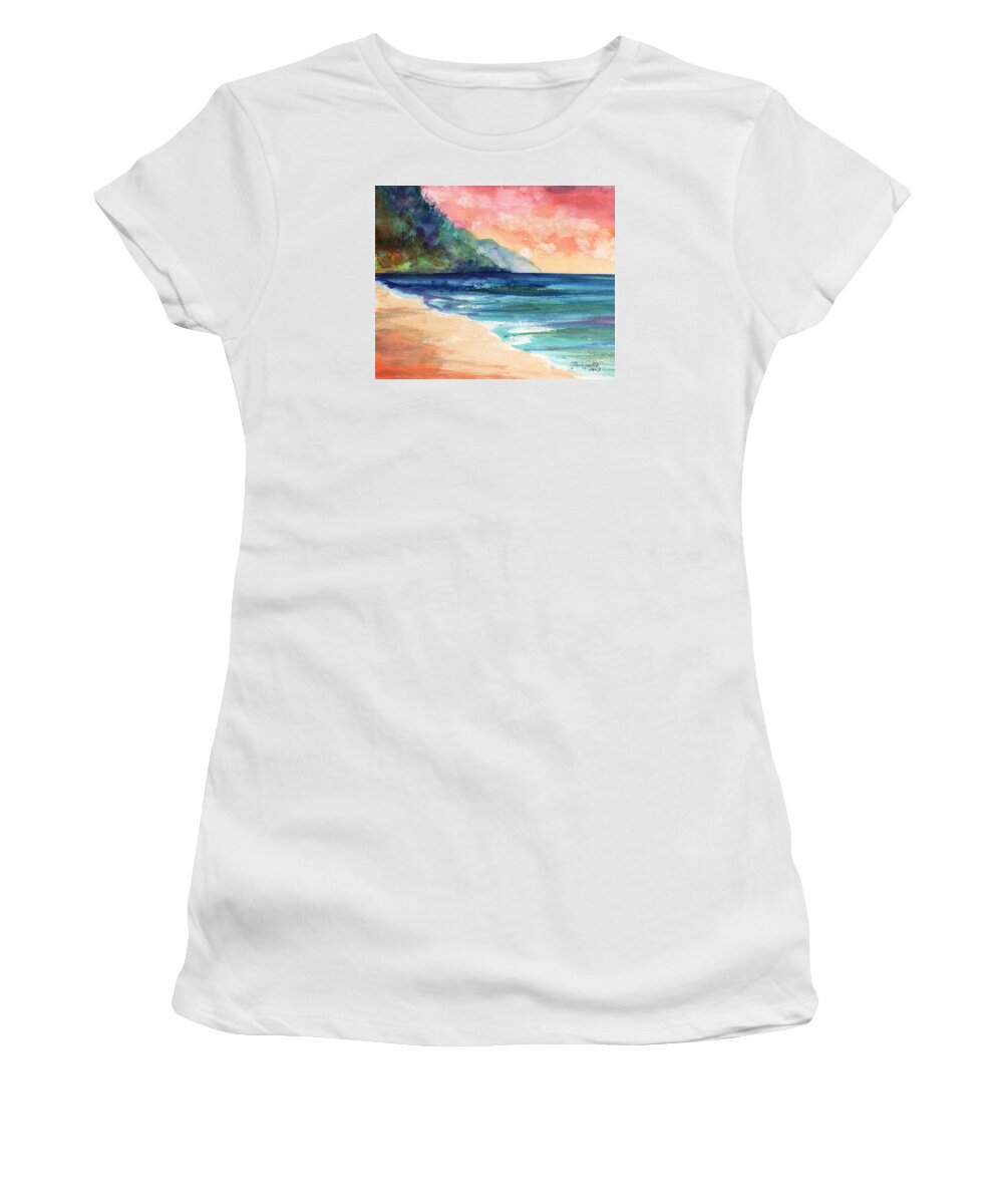 Kee Beach Women's T-Shirt featuring the painting Kee Beach by Marionette Taboniar