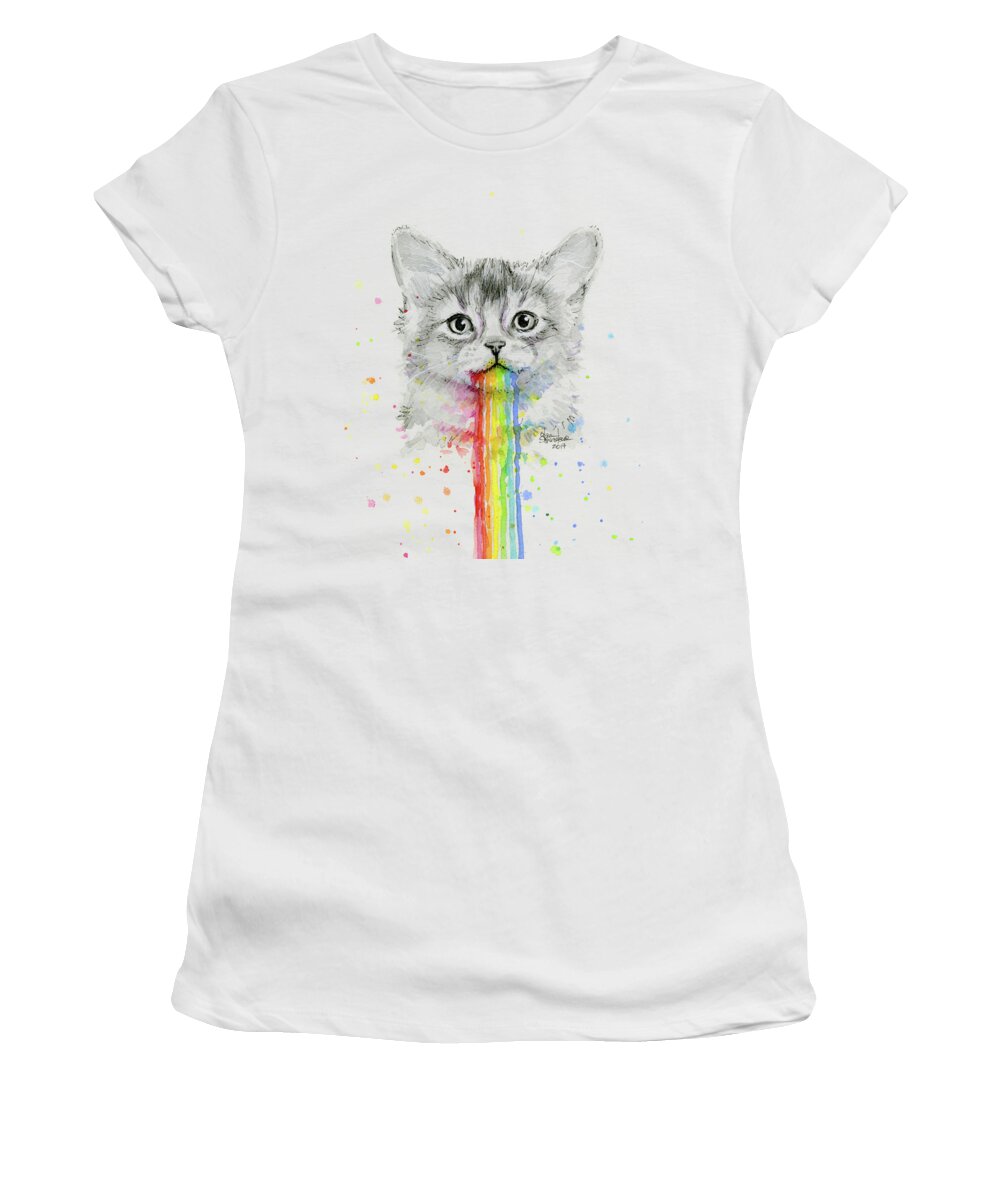 Kitten Women's T-Shirt featuring the painting Kitten Puking Rainbows by Olga Shvartsur