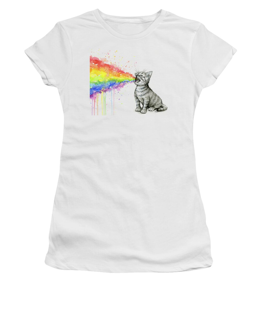 Kitten Women's T-Shirt featuring the painting Kitten Tastes the Rainbow by Olga Shvartsur