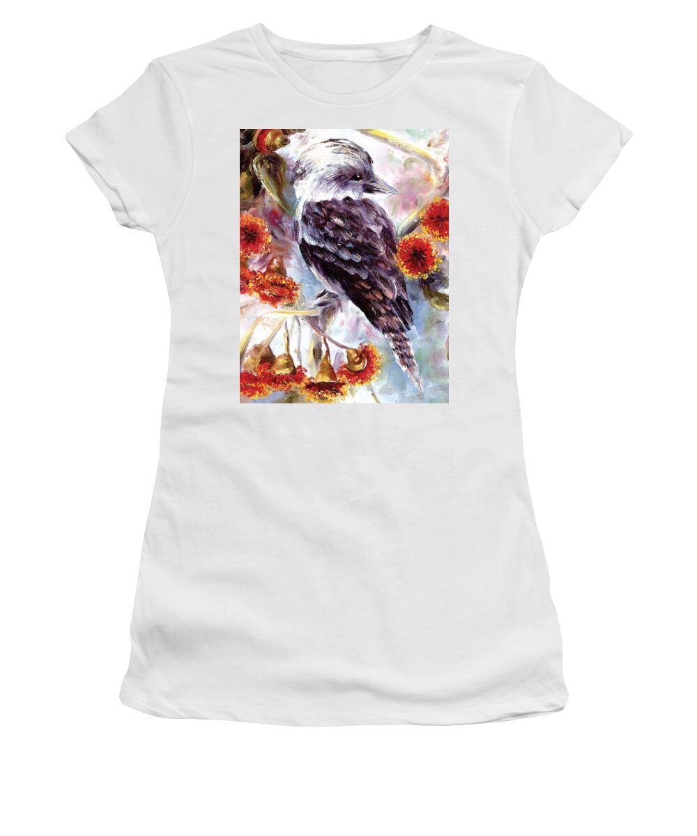 Kookaburra Women's T-Shirt featuring the painting Kookaburra in red flowering gum by Ryn Shell