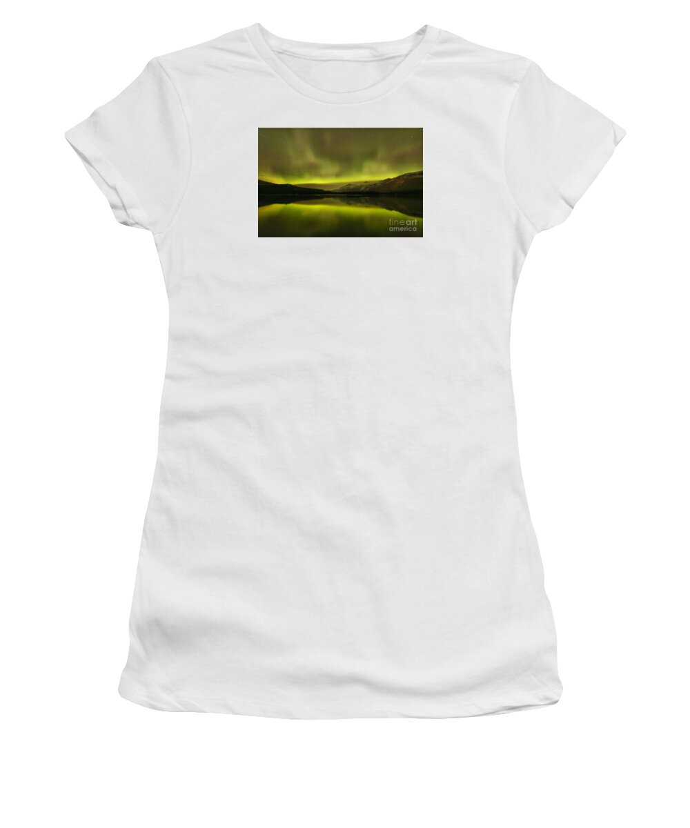 Northern Lights Women's T-Shirt featuring the photograph Lac Edith Northern Light Show by Adam Jewell