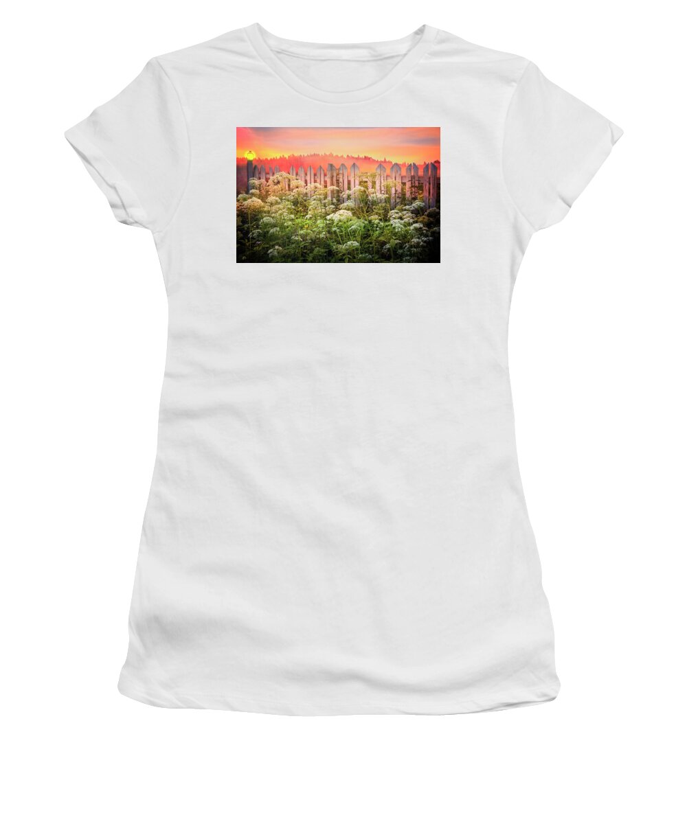 Clouds Women's T-Shirt featuring the photograph Lace Along the Fence by Debra and Dave Vanderlaan