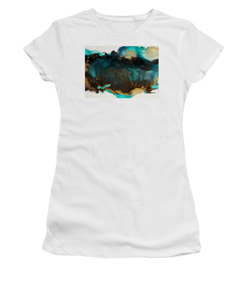 Alcohol Ink On Yupo Blue Lake Women's T-Shirt featuring the painting Lake by Donna Perry