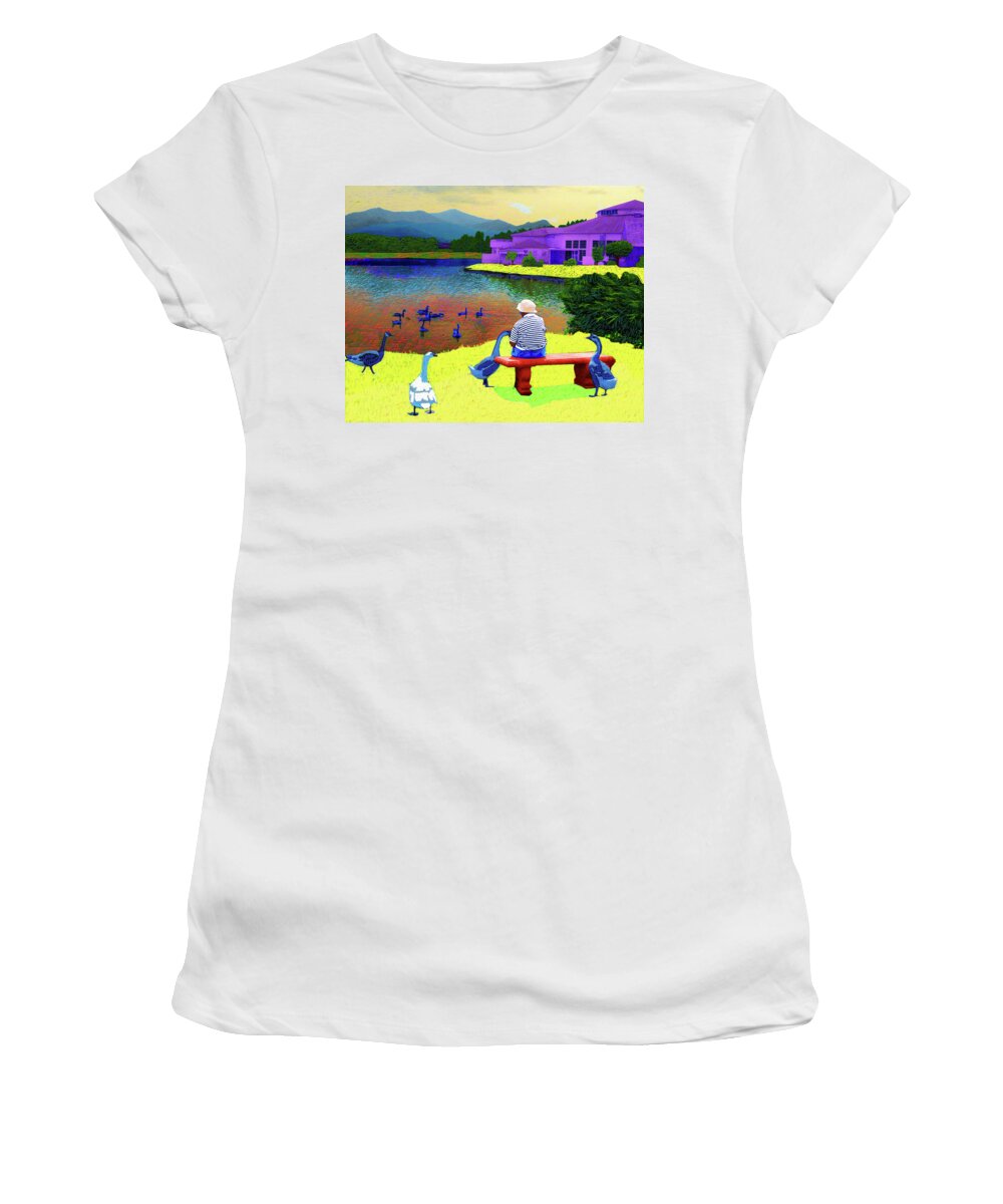 Lake Women's T-Shirt featuring the digital art Lake Junaluska Geese by Rod Whyte