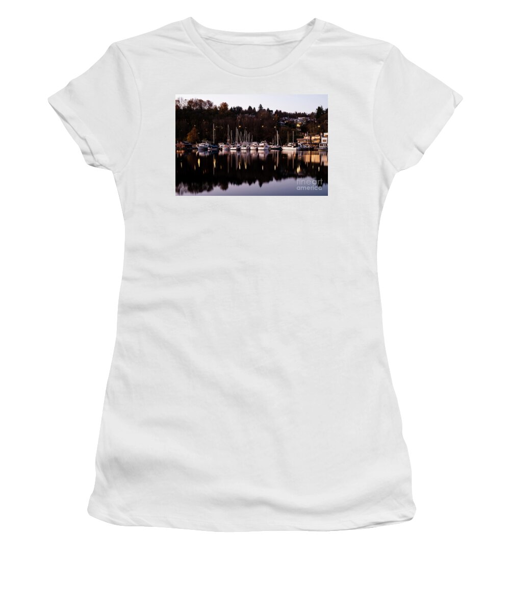 Lake Union Women's T-Shirt featuring the photograph Lake Union Sunrise Boats and Houseboats by Jim Corwin
