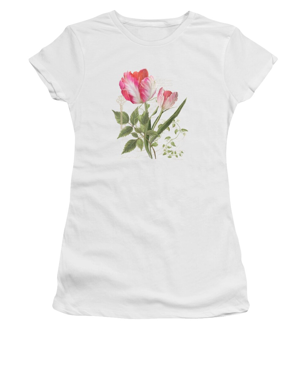 Parrot Tulip Women's T-Shirt featuring the painting Les Magnifiques Fleurs I - Magnificent Garden Flowers Parrot Tulips n Indigo Bunting Songbird by Audrey Jeanne Roberts