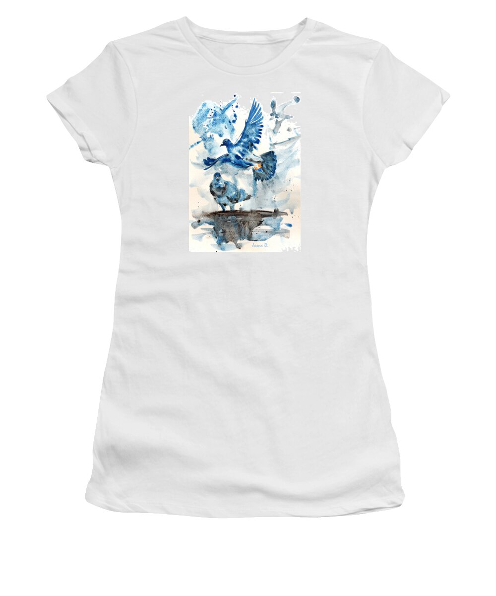 Birds Women's T-Shirt featuring the painting Let me free by Jasna Dragun