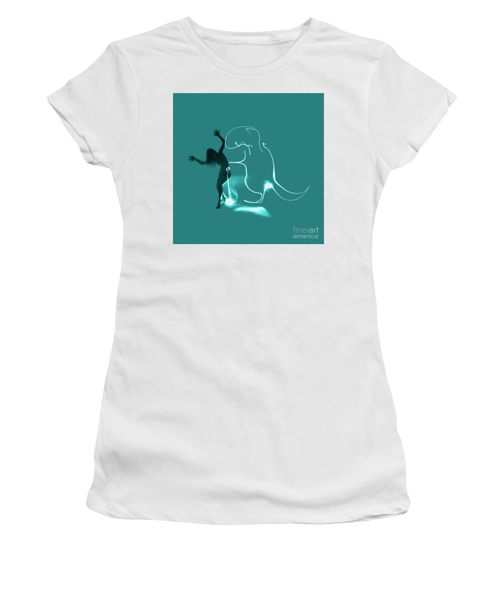 Light Women's T-Shirt featuring the photograph Experimental nude light drawing dinosaur by Clayton Bastiani