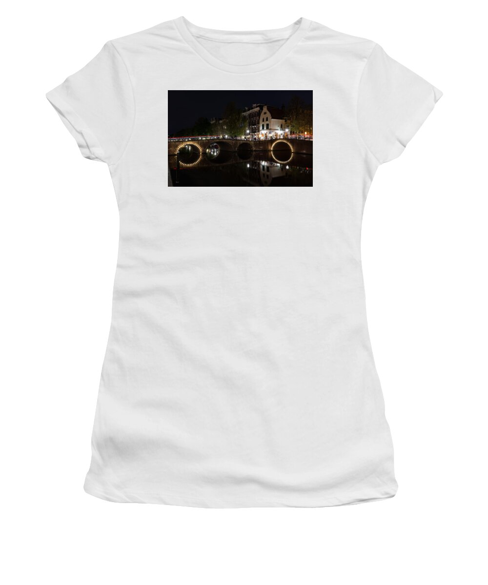Magical Amsterdam Women's T-Shirt featuring the photograph Light Trails and Circles - Reflecting on Magical Amsterdam Canals by Georgia Mizuleva