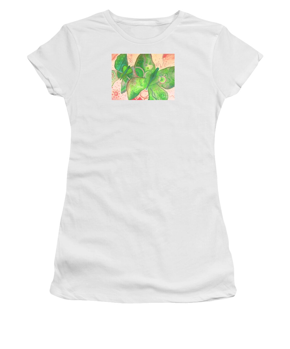 Moth Women's T-Shirt featuring the painting Lighthearted In Green On Red by Helena Tiainen