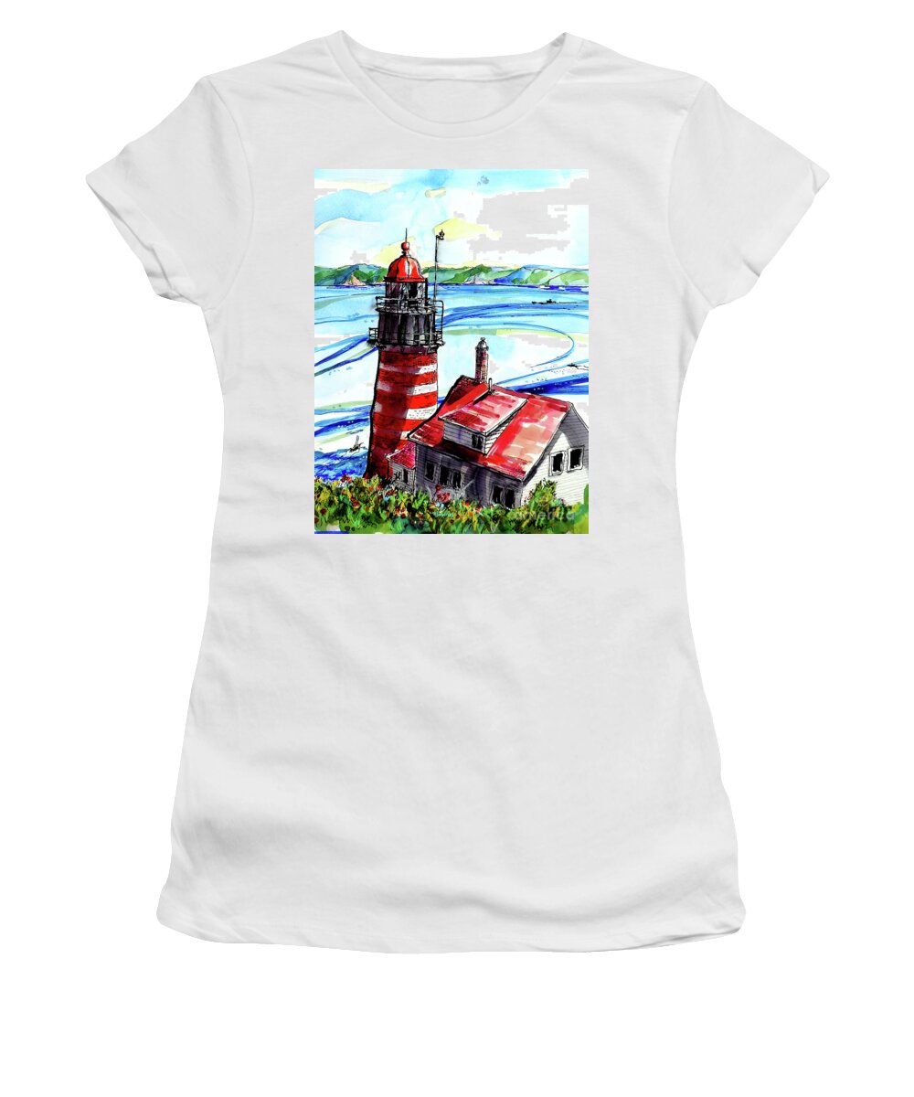 Maine Women's T-Shirt featuring the painting Lighthouse In Maine by Terry Banderas