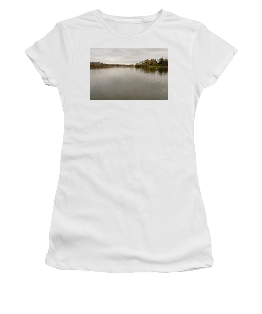 Loch Women's T-Shirt featuring the photograph Linlithgow loch and palace. by Elena Perelman