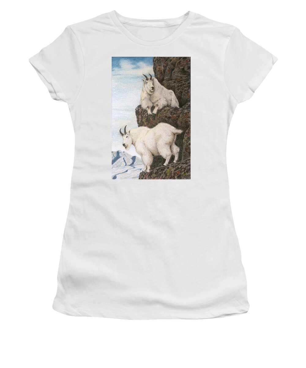 Mountain Goat Women's T-Shirt featuring the painting Lofty Perch by Darcy Tate