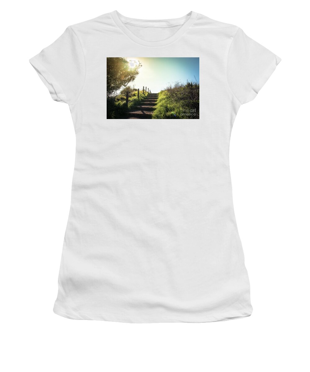 Autumn Women's T-Shirt featuring the photograph Lonely footpath leading up the stairs in the sunset by Amanda Mohler
