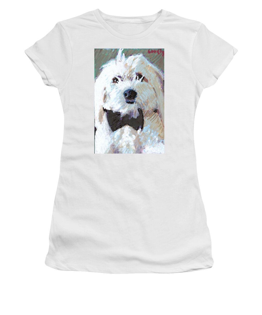 White Dog Women's T-Shirt featuring the painting Louie with Black Tie by Candace Lovely