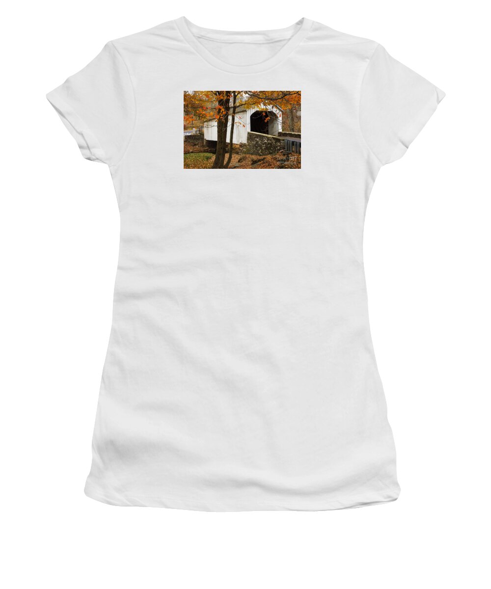 (day Or Daytime) Women's T-Shirt featuring the photograph Loux Covered Bridge by Debra Fedchin