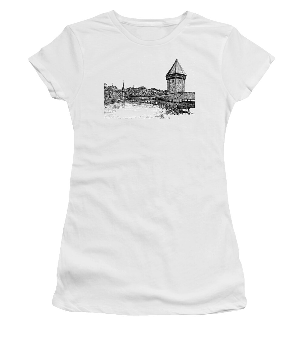 Lucerne Women's T-Shirt featuring the drawing Lucerne by Frank SantAgata