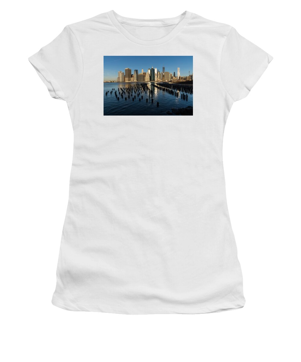 Silver And Gold Women's T-Shirt featuring the photograph Luminous Blue Silver and Gold - Manhattan Skyline and East River by Georgia Mizuleva